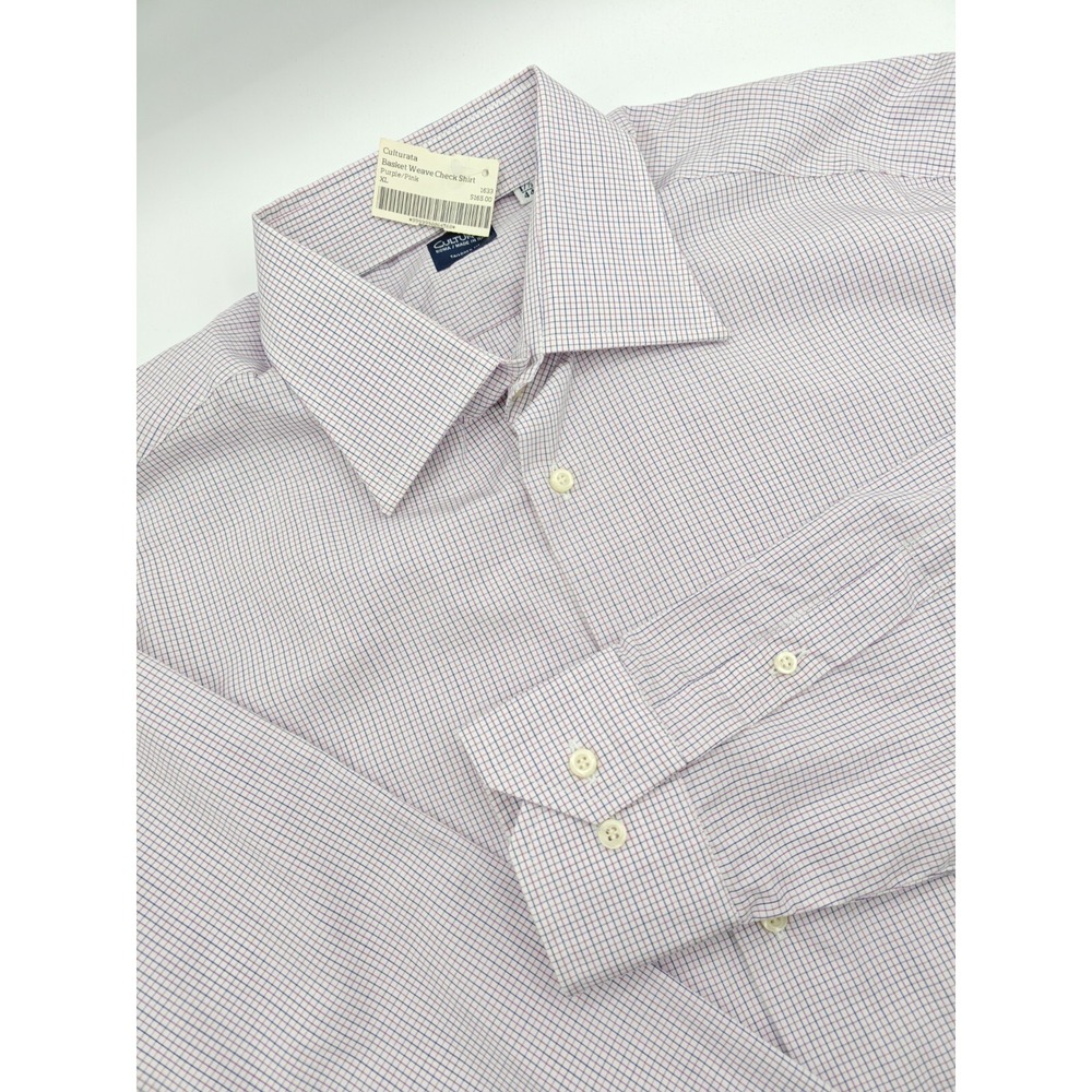 Culturata Mens XL 17.5x36 Purple Check Basket Weave Dress Shirt Italy